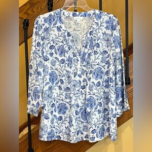 J Jill Love Linen Pintucked Printed 100% Linen Popover  Blue White Floral SZ Md